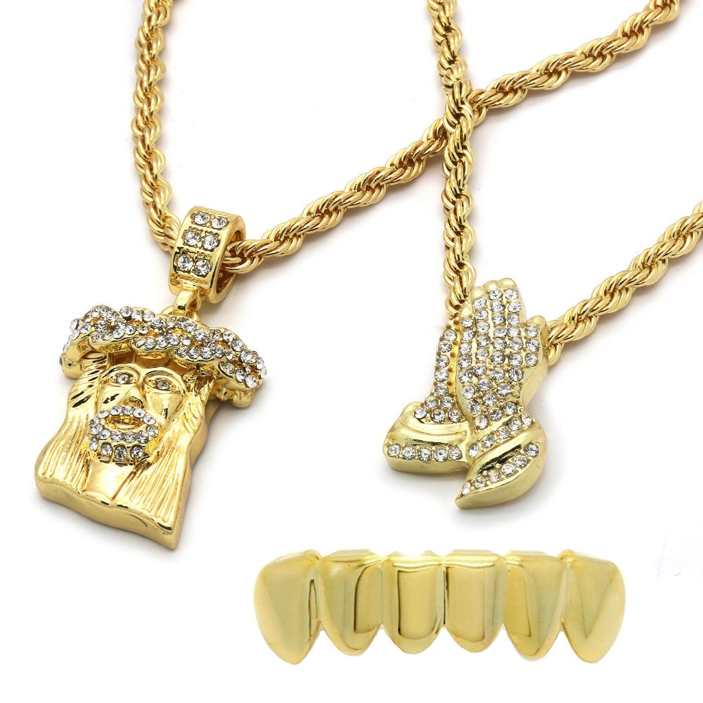 Jesus 14k Cross Necklace, Praying Hands, Grill Set